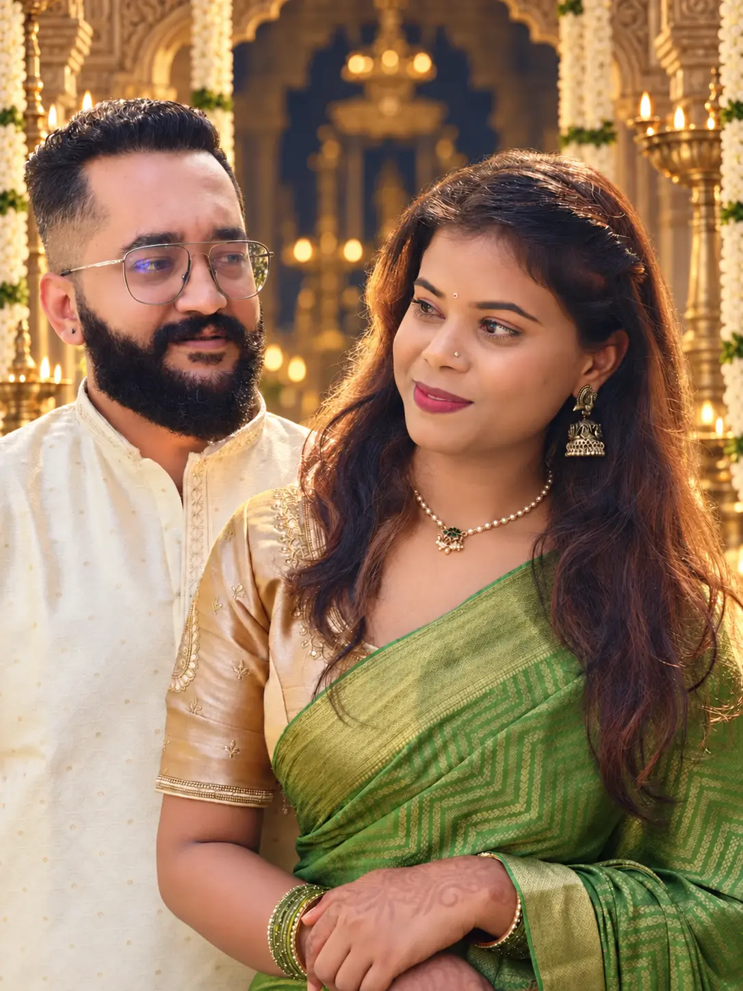 Mamtha and Prem together, in a softly lit Indian palace setting