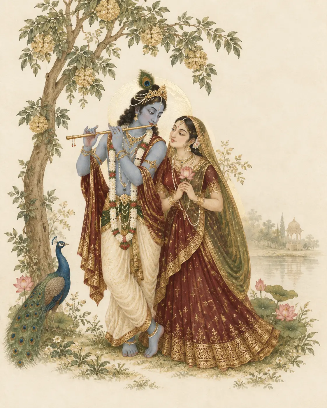 A graceful illustration of Radha and Krishna beneath a kadamba tree