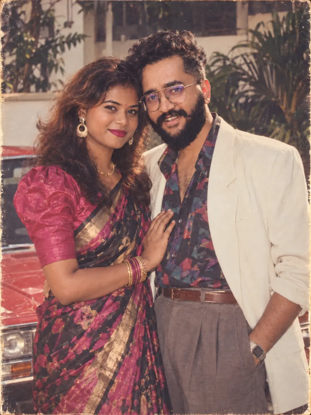 An imagined 1980s-style portrait of Mamtha and Prem, dressed in a floral saree and cream blazer beside a vintage car